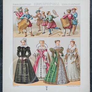 European Traditional Costumes from 16th  and 17th century by A.Racinet - EXQUISITE PRINT Color Lithograph 1888