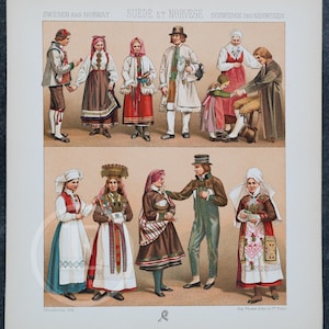 Sweden and Norway Traditional Costumes by A.Racinet - EXQUISITE PRINT Color Lithograph 1888 - Original Print