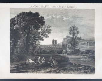 1898  LANDSCAPE by CLAUDE LORRAIN - Rare lithograph plate from Brockhaus' Conversations-Lexikon