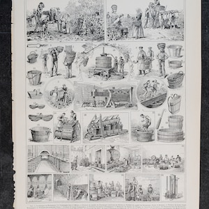 Peut inclure: Une illustration en noir et blanc représentant les différentes étapes de la vinification, de la récolte des raisins au pressurage et au stockage du vin en fûts. L'image comprend des dessins détaillés de personnes, d'outils et d'équipements utilisés dans le processus.