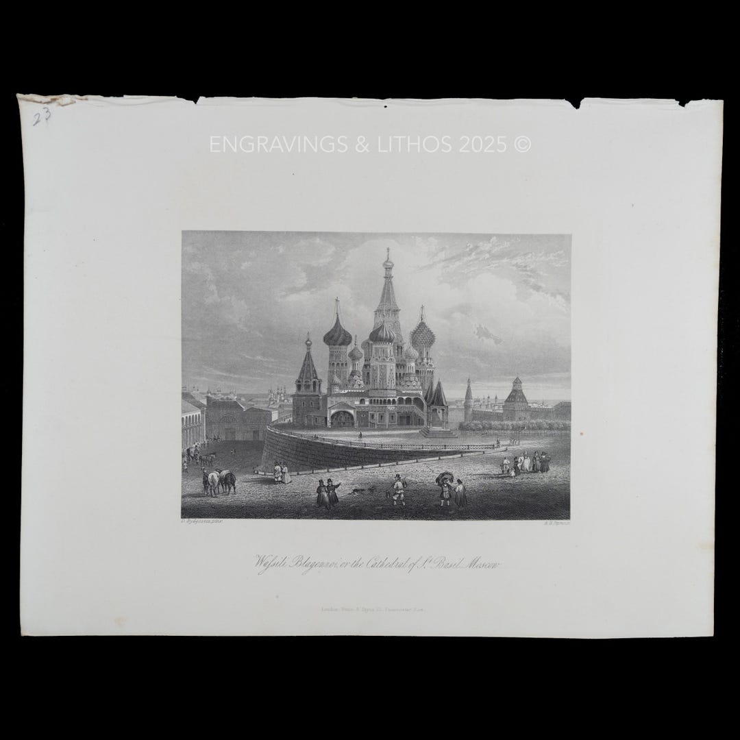 1847年 聖ワシリイ大聖堂、モスクワ、ロシア - 白黒鋼版画「ペインの