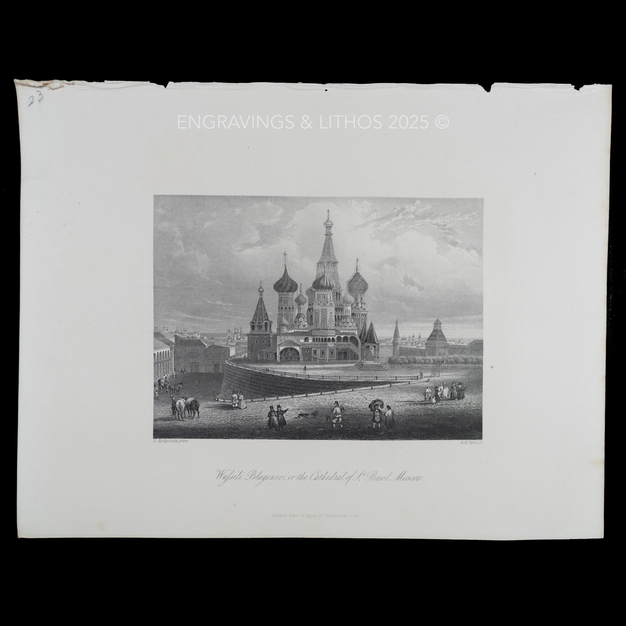 1847年 聖ワシリイ大聖堂、モスクワ、ロシア - 白黒鋼版画「ペインの