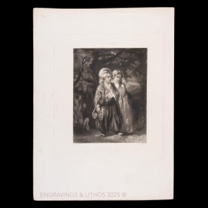 May include: A black and white print of two figures in a garden setting. The figures are dressed in period clothing, with one holding a basket. The print is on a white background, with the text "ENGRAVINGS & LITHOS 2025" at the bottom.