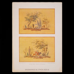 May include: Two framed landscape prints with hunting scenes. The top print shows a hunter, dogs, and a deer in a forest. The bottom print depicts riders on horseback. The prints have a yellow background and are framed with a gold border.