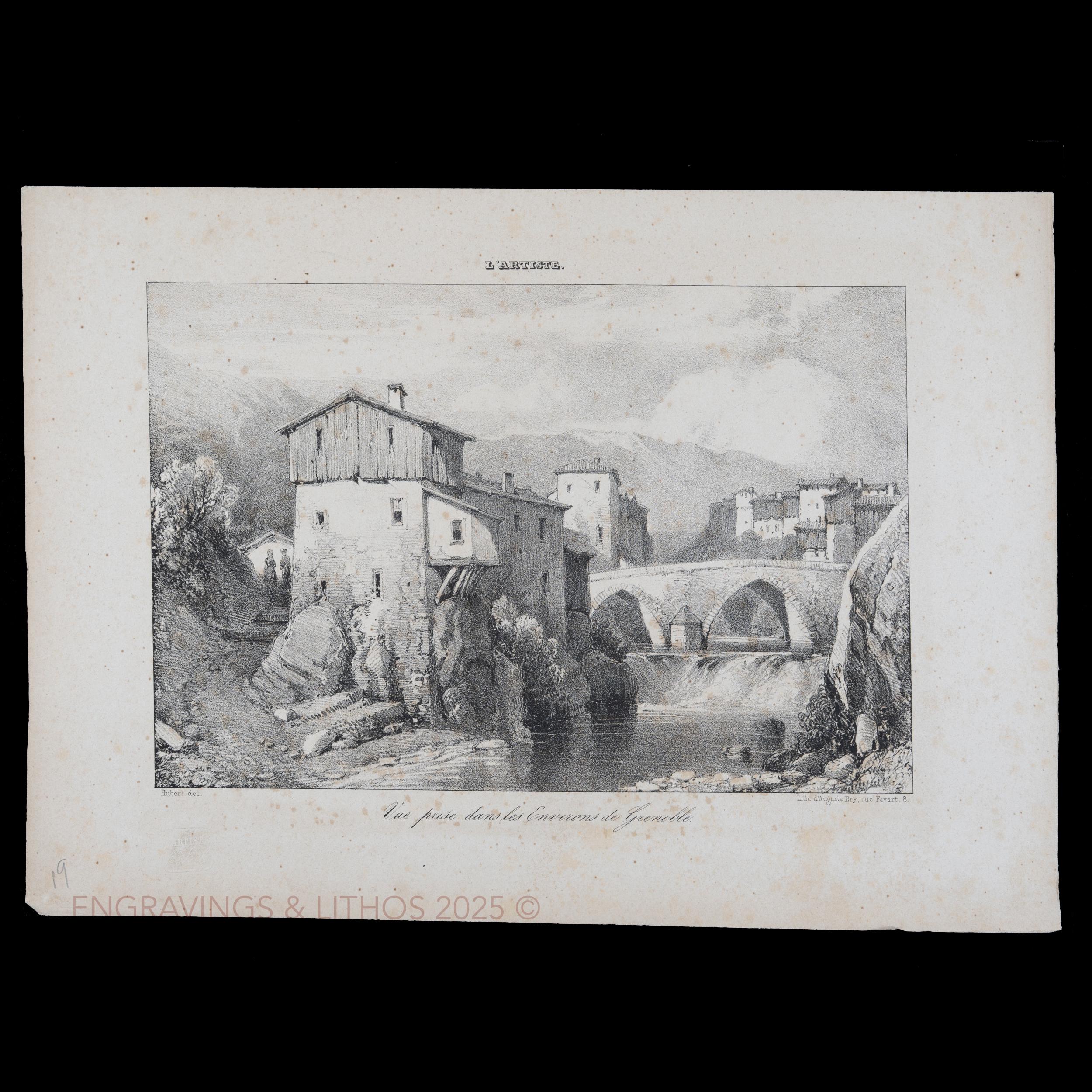 1841年 フランス、グルノーブル近郊の橋の眺め - アンティーク