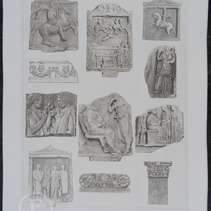 May include: A black and white illustration of various ancient Greek sculptures and architectural fragments. The image is titled "Mission de Macédoine - Motifs Divers" and includes the text "relevé et restauration de H. Daumet".