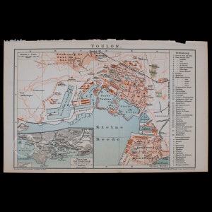 MAPA DE TOULON, FRANCIA, 1898 - Placa litográfica rara de las Conversaciones-Lexikon de Brockhaus