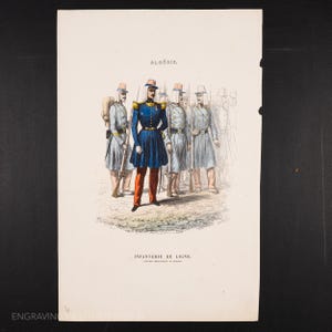 1854 Line infantry, Officer and soldiers under Napoleon III - Hand colored engraving, “Ancient and Modern Algeria” by Galibert - scarce!