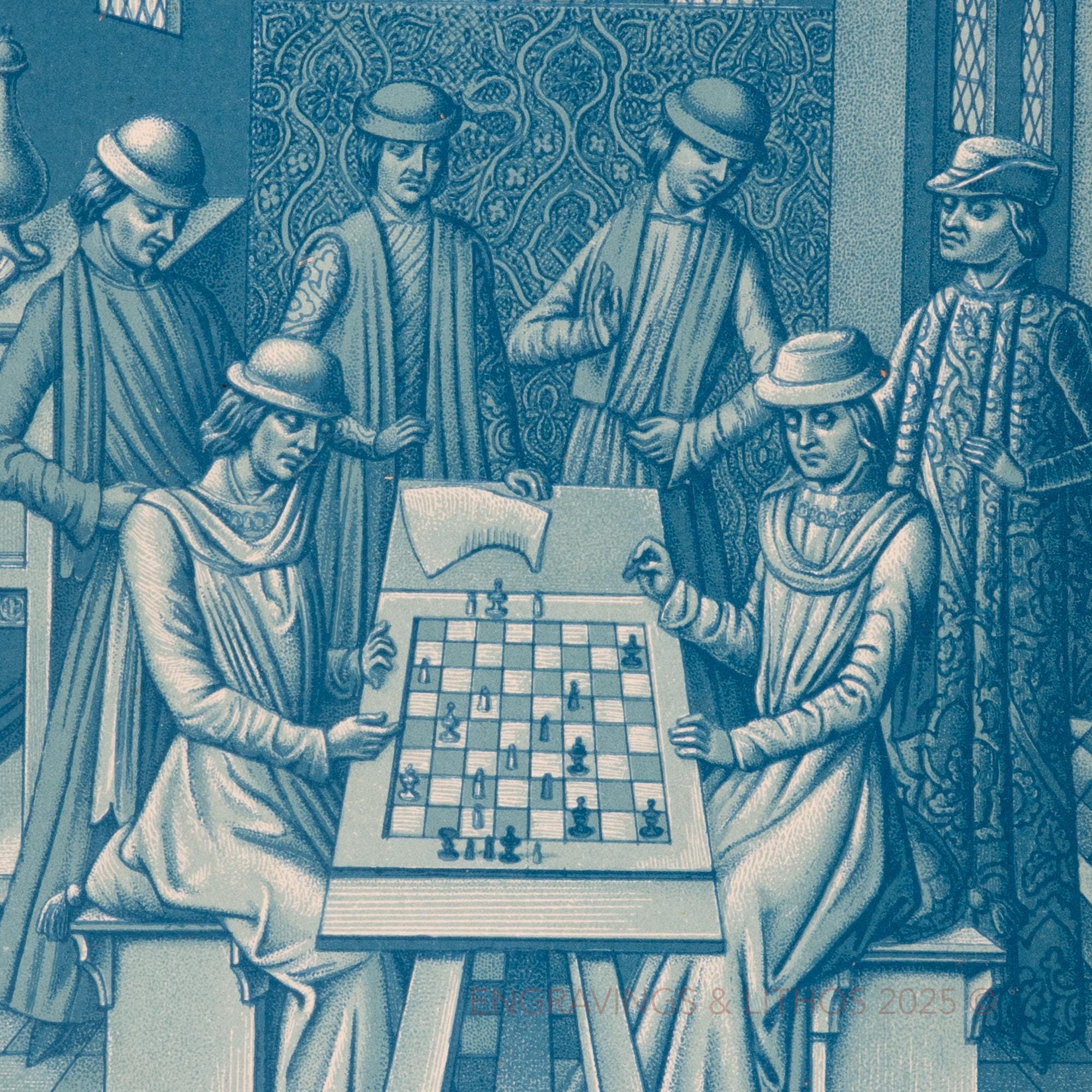 洋書 Cultural History of Chess Players 1873 MEDIEVAL CHESS PLAYERS - Color Lithograph From Moyen Âge Et