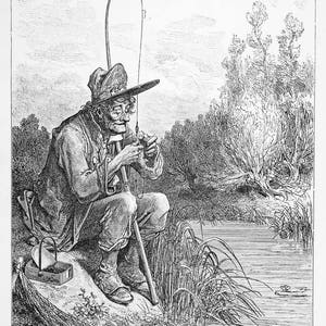 The Fisherman and the little fish engraving by Gustave Doré - La Fontaine - Original engraving from &quot;The Dore Gallery&quot; Edmund Ollier