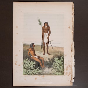 May include: Vintage print showing two Indigenous people in a landscape. One is standing, holding a spear and fish, the other is seated near water. The print has a faded colour palette with green, brown, and blue hues. The bottom of the print has text that reads "ENGRAVINGS & LITHOS 2025 ©".