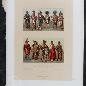 North American Indians: Kansas, Nebraska by Racinet-EXQUISITE PRINT Original Color Lithograph 1888 . Big Size (crown folio 15.75x11.25)