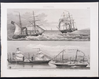 STEAMSHIPS: Paddle and passenger steamer,  King Yatch, steamboats - Exquisite Cooper engraving print from 1870 - 13.75 x 10.5 in. Very rare!