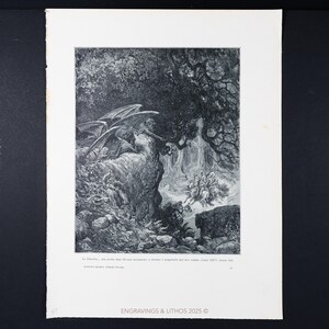 1879 Winged Beast Overlooking Forest -Mythical Woodland Scene -