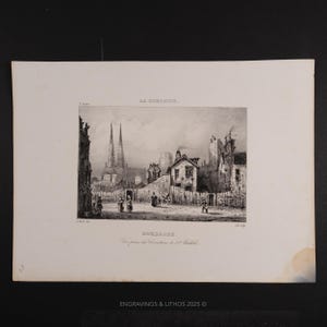 May include: Black and white etching of a European town square with a cathedral in the background. The print is titled "Bordeaux" and features figures walking along a street with buildings.