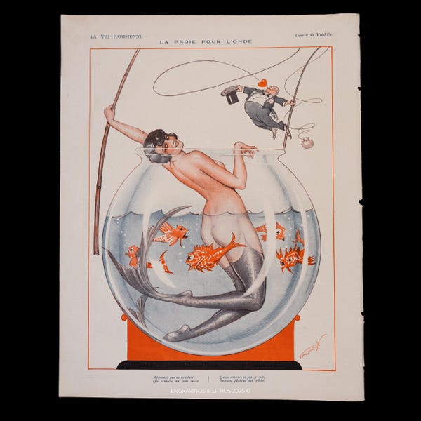Original 1926 Art Deco Mermaid in a Goldfish Bowl – Vald'Es Interior Illustration la Vie Parisienne