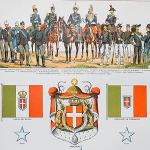 Armée italienne, drapeau et carte de « Le Noveau Larousse Illustré Edition » - PLAQUE DOUBLE CTÉ