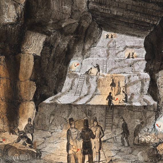 Silver-lead Mine Print: 1847 Hand-colored Antique Engraving