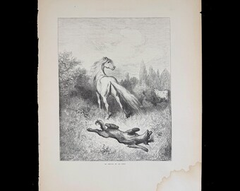 1868 The Horse and the Wolf - Original engraving from &quot;Fables de La Fontaine&quot; - Buy 2 get 1 free from this book!