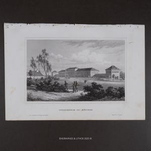 May include: A black and white engraving depicting the Schleissheim palace near Munich. The scene features a large multi-story building with a central courtyard, surrounded by trees and a grassy field. Figures walk in the foreground.