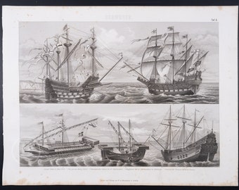 SHIPS from the 15th and 16th CENTURIES  - Exquisite Cooper engraving print from 1870 -  13.75 x 10.5 in, Very rare!
