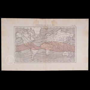 1872 THE JULY ISOTHERMS - Zeldzame originele plaat uit een Astronomy Atlas-boek / Prachtig!