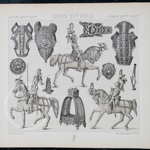 Europejskie antyczne zbroje rycerskie z XVI wieku autorstwa A. Racinet - WYJĄTKOWY DRUK Kolorowa litografia 1888