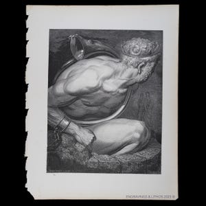May include: A black and white engraving depicts a muscular figure wearing a crown and shackles, with a serpent-like object encircling the torso. The artwork is set against a dark background, with the text "ENGRAVINGS & LITHOS 2025" at the bottom.