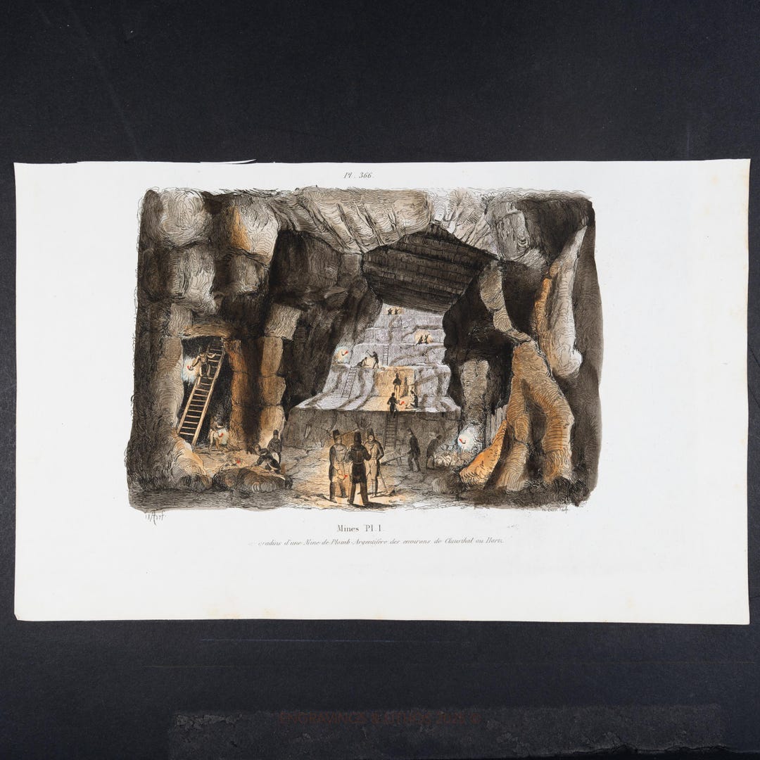 Silver-lead Mine Print: 1847 Hand-colored Antique Engraving