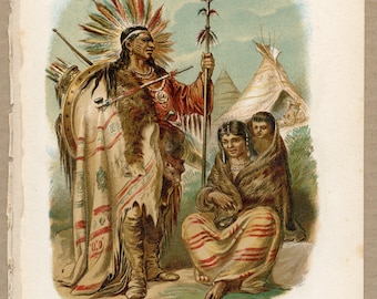 1891 North American indians - Original Lithograph Plate from “Historia Natural Zoologia”