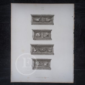 May include: A black and white engraving of four different architectural designs. Each design features a rectangular base with decorative carvings of birds, human faces, and floral motifs.