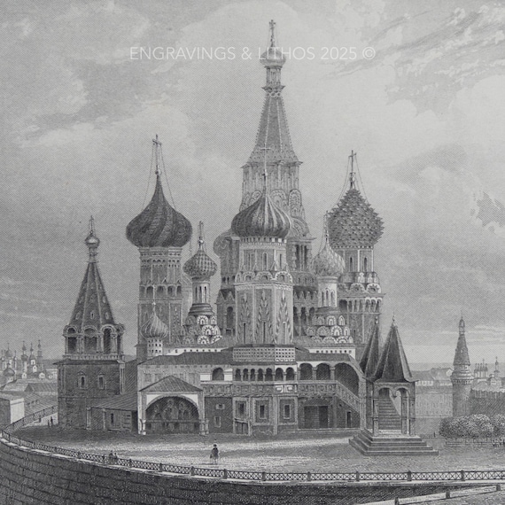 1847年 聖ワシリイ大聖堂、モスクワ、ロシア - 白黒鋼版画「ペインの