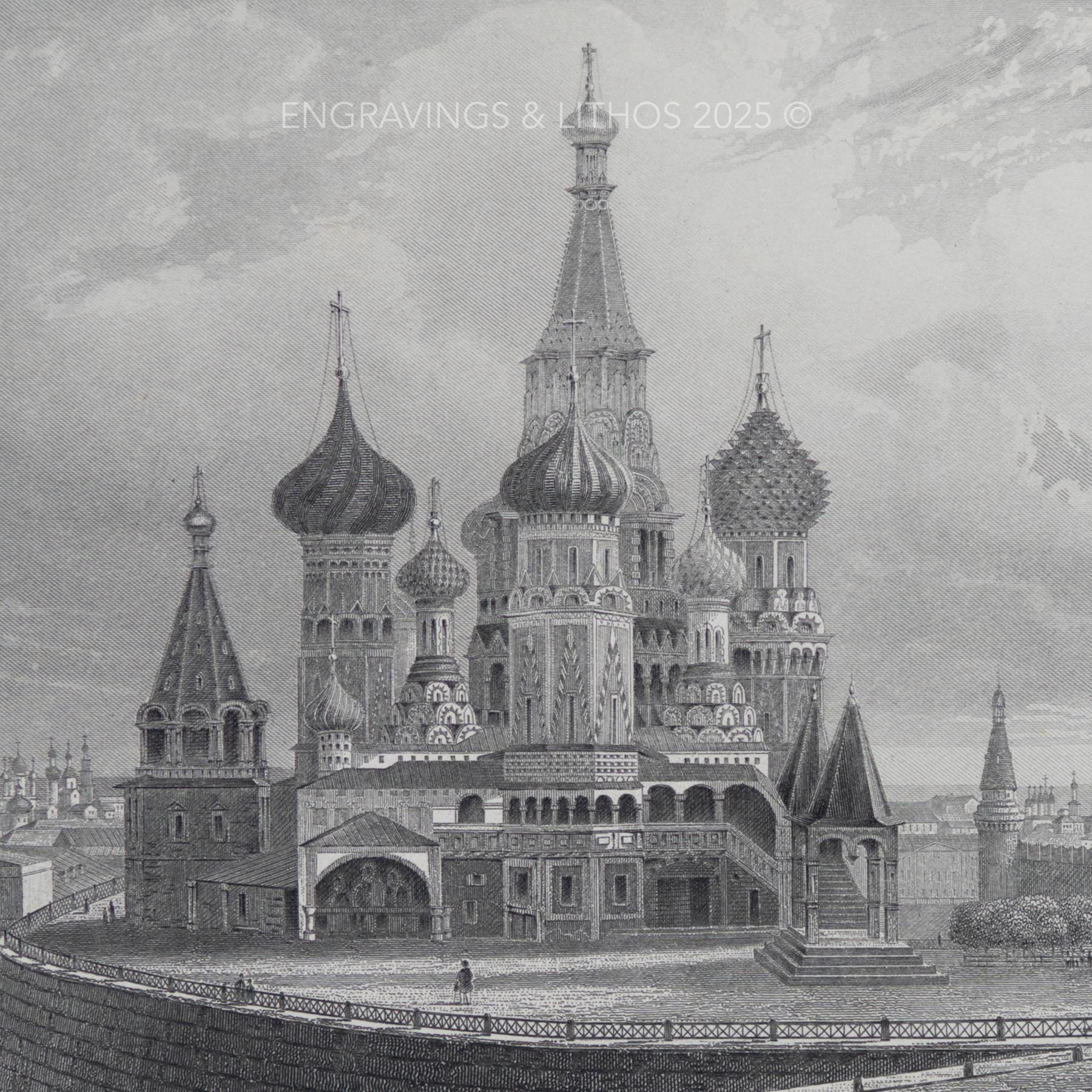1847年 聖ワシリイ大聖堂、モスクワ、ロシア - 白黒鋼版画「ペインの