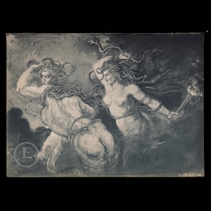 May include: A black and white illustration depicting three figures in a dramatic scene. The figures, possibly mythological, are rendered in a painterly style, with flowing hair and dynamic poses. The artwork has a vintage feel.