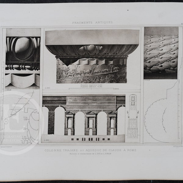 Trajan's Column and Claudio Aqueduct, Rome, Italy  - EXQUISITE Heliogravure . ca1900 .  17.75 in x 12.5 in (Crown Folio)