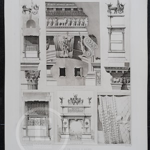 May include: A black and white engraving of the Arch of Titus in Rome, Italy. The engraving shows details of the arch, including the frieze, the columns, and the inscription "SENATVS POPVLVSQVE ROMANVS IMP CAES VESPASIANO AVG F DOMITIANO AVG PONTIF MAX TRIB POT IMP XII COS VII CENS P P"