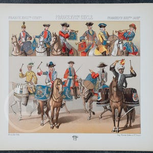 Französische Militär Kavallerie Musikkapelle aus dem 18 Jahrhundert von A.Racinet - EXQUISITE PRINT Farb Lithographie 1888