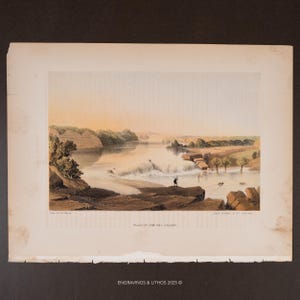 May include: An antique landscape print depicting a waterfall scene. The artwork features a river with a cascading waterfall, a figure on the rocks, and trees along the banks. The print has a vintage aesthetic with soft colors.