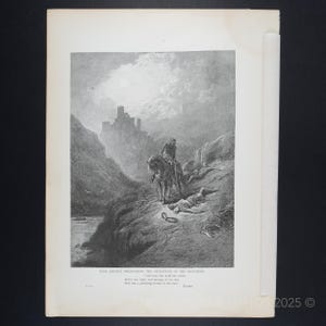 1889 KÖNIG ARTHUR ENTDECKT die Skelette der Gebrüder Idylle der Elaine-Lithographie-Illustration von Gustave Doré aus „Idylle des Königs“