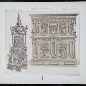 Europäische antike Möbel und Verzierungen aus dem 16.Jh. von A. Racinet - EXQUISITE PRINT Farb Lithographie 1888