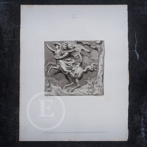 May include: A black and white engraving of a woman riding a horse, with a winged figure behind her. The engraving is framed by a square border and has the text "Pl. 23" at the top.