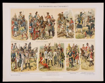 1897 EUROPEAN MILITARY UNIFORMS, 17th & 18th Century - Original color lithography from Meyers Konversations-Lexikon