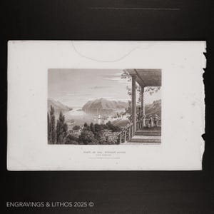 May include: A black and white engraving of a view of the Hudson River from a porch with a couple sitting on the steps. The text "View of the Hudson River from the Mountain House, Catskill Mountains, N.Y." is printed below the image.