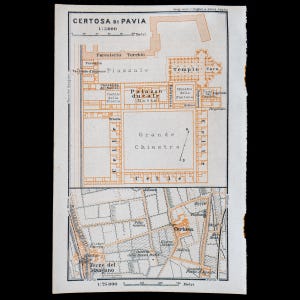 1893 Map of CARTHUSIAN Monastery in PAVIA, ITALY  -Authentic Lithograph Map, Leipzig for &quot;Italie, Manuel du Voyageur&quot; by Karl Baedeker