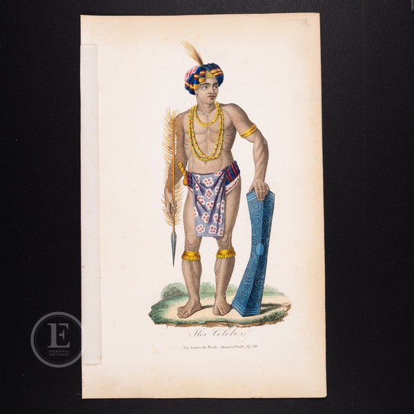 Island Celebes Indonesian Fighter - Exquisite Hand colored Stipple engraving Figures in their Native - Costume Hard to find - 1834