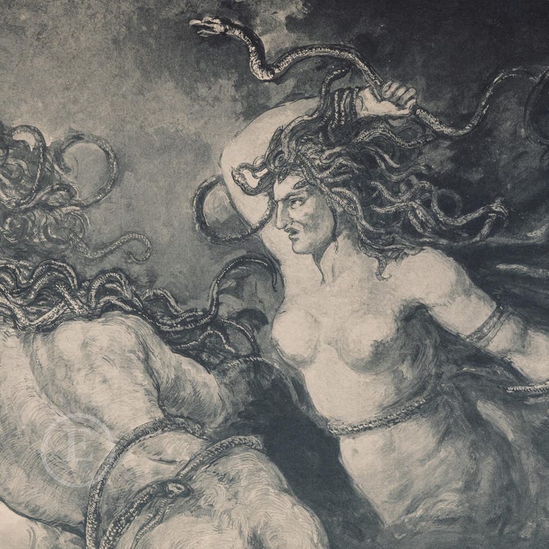 May include: A grayscale illustration of a mythological scene featuring two figures. One figure, with snake-like hair, raises a snake. The other figure is partially visible. The artwork has a classical style and a dramatic, dynamic composition.