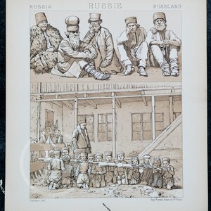 Russian Culture, Costumes and Children in Classroom  by A.Racinet - EXQUISITE PRINT Color Lithograph 1888