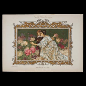 May include: An antique print titled "Figürliche Füllung, Gartenscene" features a woman and child in a garden of peonies. The artwork is framed with ornate gold detailing and includes text at the top and bottom of the image.