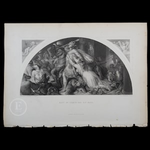 May include: A black and white engraving depicting a scene from Greek mythology. The image shows a group of figures, including a central figure holding a spear, surrounded by other figures. The image is titled "Riot of Comus and His Band."