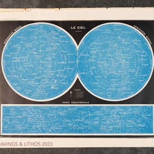 Mapa celeste de 1897 / Constelaciones de la zona ecuatorial. Mapas de "Le Noveau Larousse Illustré Edition" - Impresión a doble cara.